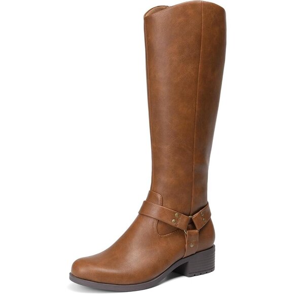 Women's Polyurethane Brown Buckle Side Zipper Squared Toe Knee High Riding Boots